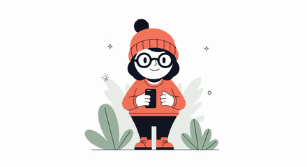 Fototapeta premium Cheerful person in winter attire happily engrossed with smartphone amidst stylized foliage and starry accents