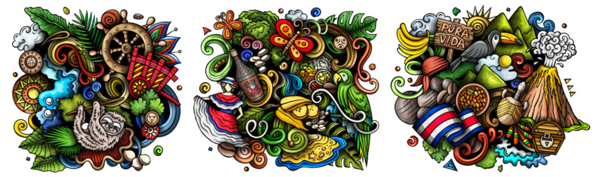 Costa Rica cartoon vector doodle designs set. Colorful detailed compositions with lot of Costa Rican objects and symbols. Isolated on white illustrations