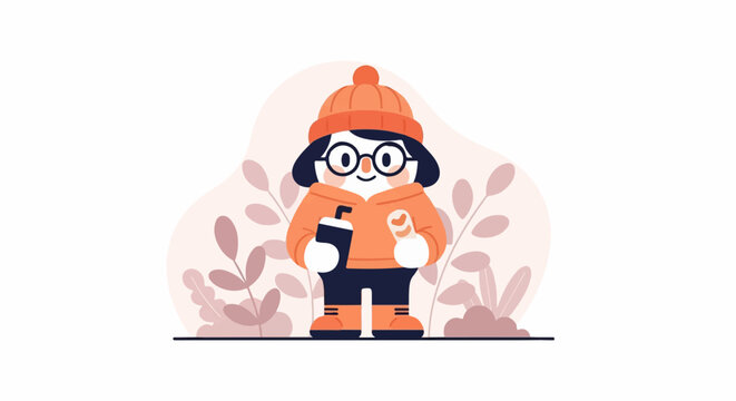Cheerful character in orange attire with a drink and snack