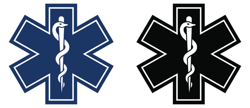 Star of Life medical emergency symbol vector, six pointed EMS star emblem with rod of Asclepius, ambulance healthcare rescue icon, emergency medical service symbol isolated on white background.