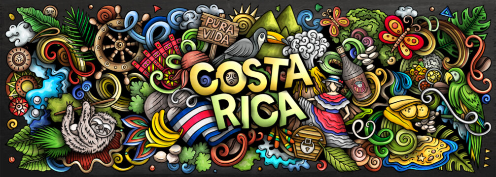 Colorful Costa Rica vector illustration with tropical wildlife, exotic plants, beaches, volcanoes and culture elements. Perfect for travel, tourism, adventure and nature themes