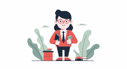 A character in a red jacket and glasses holds books near plants and a small desk