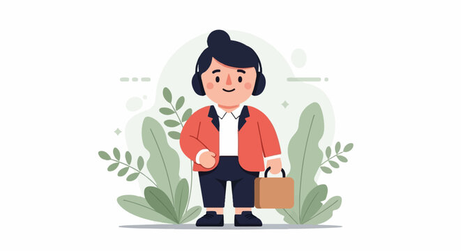 Cartoon person with headphones and briefcase, surrounded by green leaves