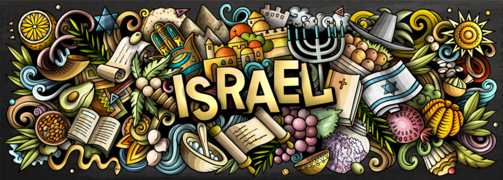 Colorful Israel vector illustration with landmarks, traditions, religion, food and nature. Perfect for travel, culture, history and tourism design projects