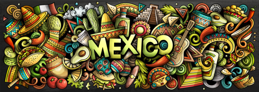 Mexico vector illustration with culture, traditions, food, sombreros, cactuses, pyramids and music. Perfect for travel, tourism, festivals and holiday design