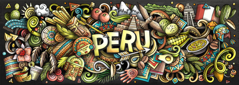Peru vector illustration with Machu Picchu, mountains, Inca culture, llamas, food and nature. Perfect for travel, tourism, history and adventure design projects