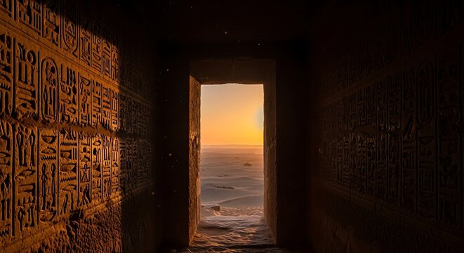 Ancient doorway framed against sunset over the sea with hieroglyphs on wall