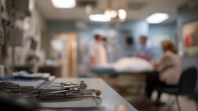 Focused view of medical equipment on a desk in a small preop exam space with a doctor and patient softly blurred behind.
