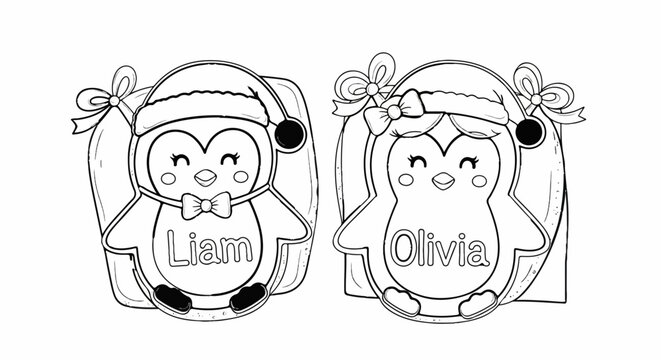 Two cute cartoon penguins wearing Santa hats and bow ties for Christmas