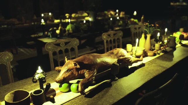 Roasted pig centerpiece on long table, candlelit medieval banquet scene with rustic wooden chairs, brass goblets, fruit, candles and warm golden glow,