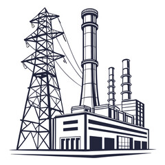 Power plant with transmission tower and smokestacks
