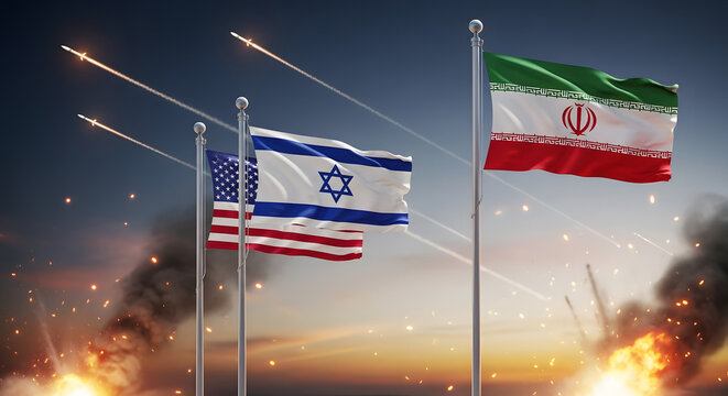 Israel, USA, and Iran Flags Amid Missile Strikes and War Conflict. AI Generated