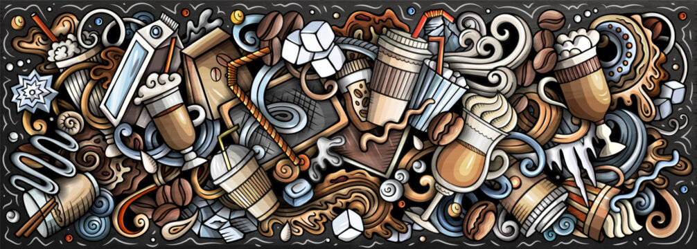 Vector doodle chalkborad illustration of iced latte and cold coffee drinks with cups, beans, ice, milk, and cafe elements. Ideal for coffee shops, summer drinks, packaging, menus, and branding project
