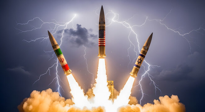 Geopolitical Conflict Concept: Missiles with USA, Iran, and Israel Flags Launching. AI Generated