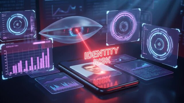 Identity risk concept biometric eye scan projecting holographic security and surveillance interfaces over smartphone with data charts, privacy threat analysis, and futuristic risk visualization