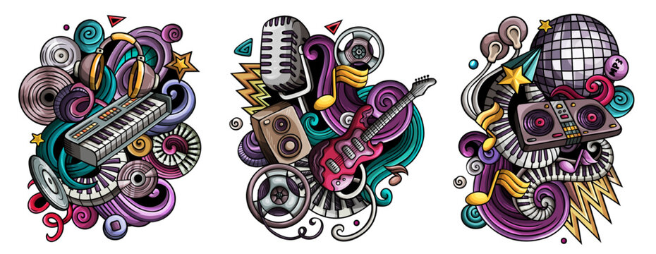 Disco music cartoon vector doodle designs set. Colorful detailed compositions with lot of musical objects and symbols. Isolated on white illustrations
