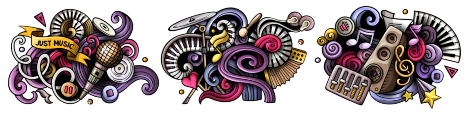 Set of vibrant 3D music doodle banners featuring instruments, notes, and abstract swirls in a playful, colorful cartoon style. Perfect for creative audio, festival, or concert designs.