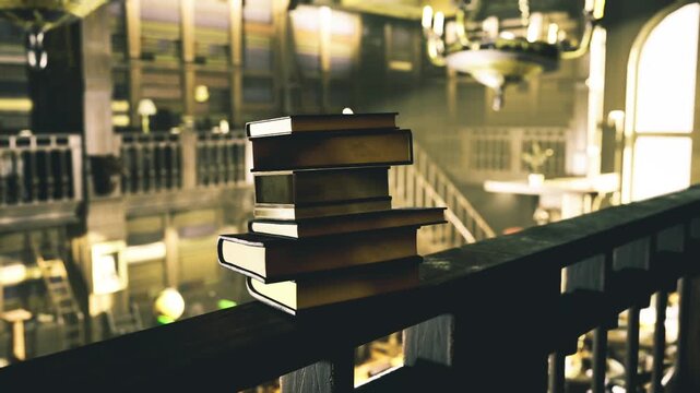 Stack of vintage books on railing, historic library interior bathed in golden light, ornate chandelier and towering shelves frame quiet balcony, professors
