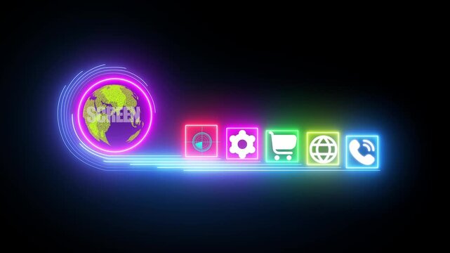 Illuminated neon digital dashboard featuring a map with the word SCREN and multiple application on a dark backdrop Keywords: technology, digital