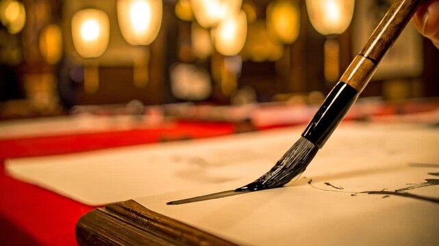 Close-up of a calligraphy brush creating ink strokes on white paper, artistic concept.
