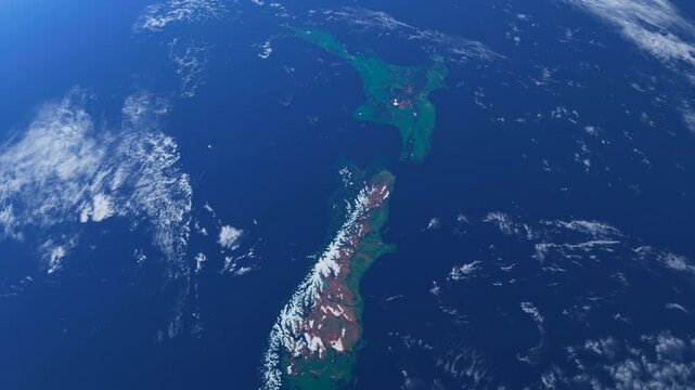 Flying Above The New Zealand From Space. Planet Earth From Space. Globe