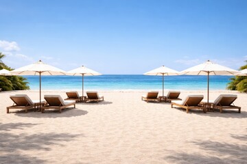 Obraz premium Serene Beachfront Retreat with Lounge Chairs and Umbrellas Beside Crystal Clear Ocean Water Under a Bright Sunny Sky