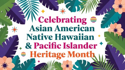 Vibrant tropical foliage frames text announcing the celebration of Asian American Native Hawaiian and Pacific Islander Heritage Month.