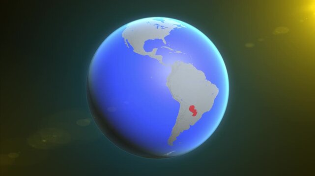 The animation shows a graphic representation of the earth and highlights the location and map of Paraguay colored red.