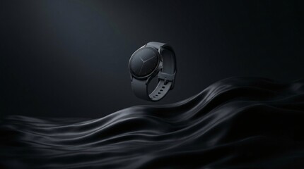 Modern Smartwatch Displaying Time on Dark Background with Flowing Fabric