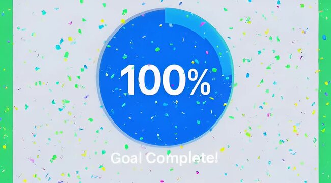 Celebratory Visual with a 100 Percent Goal Completion Amidst Confetti
