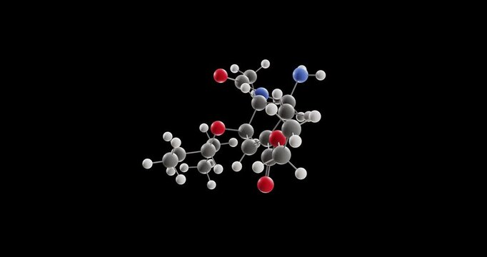 Oseltamivir molecule, rotating 3D model of antiviral drug, looped video on a black background
