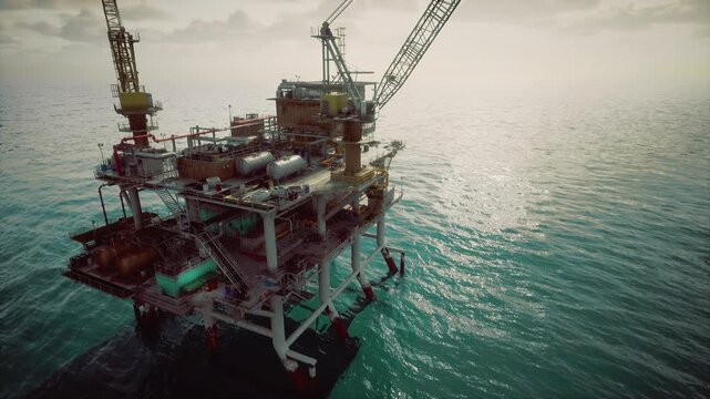 Sunlit oil rig deck during maintenance, pipes and valves highlighted by warm glow, cranes and scaffolding framing industrial workspace, textured metal