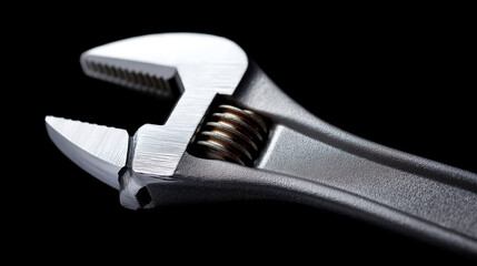 Adjustable wrench dark background close-up view, hand tool visualization, mechanical equipment detail, service implement display, with copy space