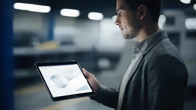 Medium shot of a professional analyzing a digital dashboard displaying automated patent compliance metrics with background screens softly blurred.