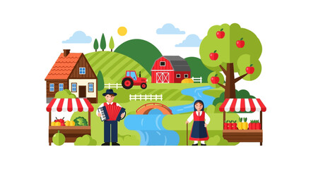 Fototapeta premium Flat Design Farm Scene and Traditional Folk Festival. Rural Landscape Vector with Barn, Tractor, Accordion Player, and Local Produce Market Stands.