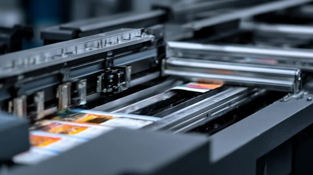 Closeup of a variable data printer producing personalized marketing materials with individualized text and images for direct mail campaigns.
