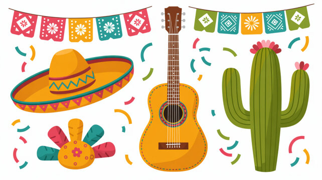 Vibrant mexican fiesta elements with guitar sombrero cactus and colorful decorations