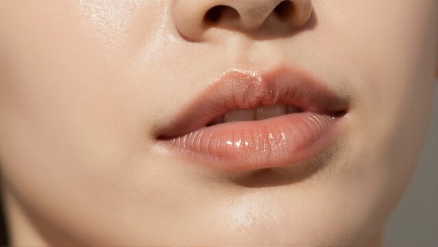 Close-up of a woman's face highlighting glossy lips and smooth, hydrated skin. Perfect for beauty, skincare, and cosmetic advertising. This natural, radiant look emphasizes wellness