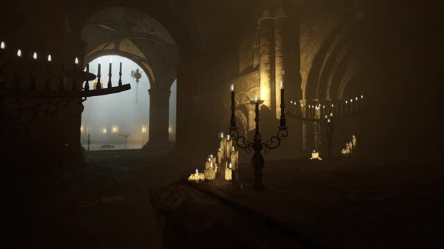 Menorah silhouette centered in misty sanctuary, rows of dim lights behind and incense haze, solemn ceremonial mood with ornate metalwork and reflective floor