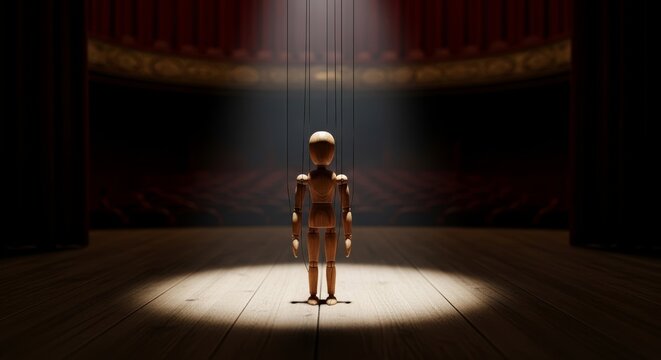 A jointed wooden figure stands in a singular beam of light, representing the individual's role in the theater of life and the search for purpose. This minimalist scene reflects on destiny, control, an