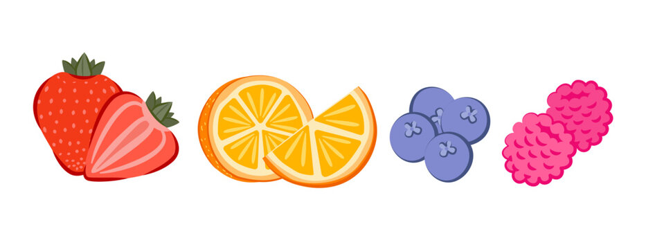Set of berries and citrus fruits including strawberry, orange, blueberry and raspberry. 