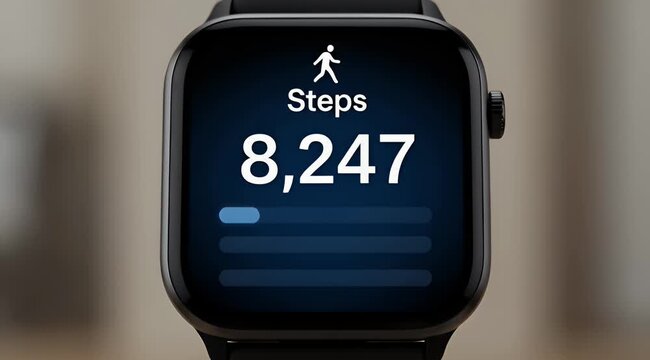 Closeup image of a smart watch displaying a step counter app