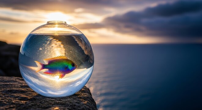 A small fish in a glass tank contrasts with the vast, infinite horizon of the sea during sunset. This visual metaphor explores themes of boundaries, safety, and the longing for open spaces.