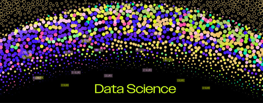 Colorful circles in rainbow hues form a dense wavy cluster with coordinate labels on black background in vibrant vector art. Conceptual vector illustration for data science and colorful data visualiza