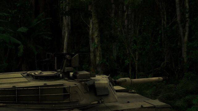 Armored emplacement anchored in dense jungle with turret oriented forward, reinforced armor plates and rugged profile conveying defensive readiness
