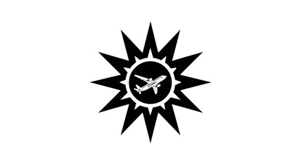 Obraz premium A black and white emblem featuring a jet plane within a circle surrounded by spiky bursts