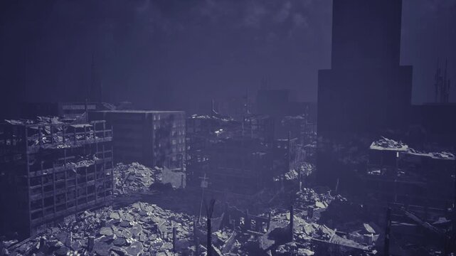 Distant towers loom over shattered blocks, faint predawn glow mixing with smoke, collapsed streets littered with fragmented concrete, silent horizon suggesting