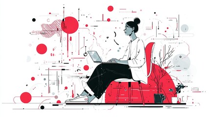 Young woman working on laptop in abstract red chair