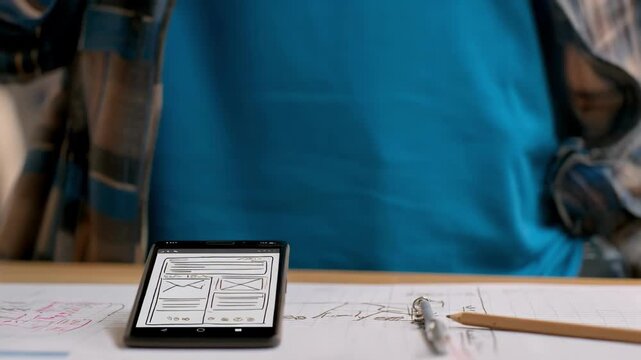 Close medium shot of a mobile UI prototype on a digital screen with focused pencil edits blurred coworker in background exploring Android design guidelines.