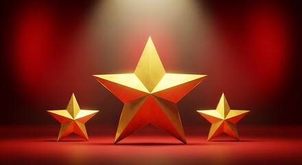 Three golden stars on a red background, lit by spotlights, casting shadows
